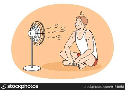 Sweating and cooling air concept. Young positive man in sportswear sitting on floor sweating and enjoying work on air fan wind vector illustration. Sweating and cooling air concept