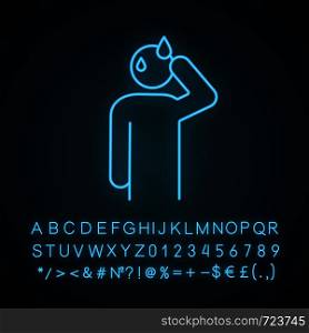 Sweating man neon light icon. Cold sweat. Worrying and nervous person. Anxiety and stress. Panic. Physiological stress symptoms. Glowing sign with alphabet, numbers. Vector isolated illustration. Sweating man neon light icon