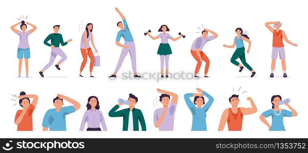 Sweating people. Sweaty man with wet underarms, gymnastically tired girl and unpleasant underarm smell vector set. Man and woman sweat, sweaty and sweating body illustration. Sweating people. Sweaty man with wet underarms, gymnastically tired girl and unpleasant underarm smell vector set