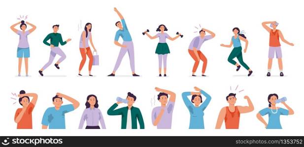 Sweating people. Sweaty man with wet underarms, gymnastically tired girl and unpleasant underarm smell vector set. Man and woman sweat, sweaty and sweating body illustration. Sweating people. Sweaty man with wet underarms, gymnastically tired girl and unpleasant underarm smell vector set