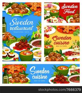 Sweden dishes vector beefsteak a la lindstrom, beef soup elebsad and salmon soup. Pittipanka, meatballs kottbulars, potato hassel and gravlax with ginger cookie or cinnamon buns Swedish food posters. Sweden restaurant food vector Swedish cuisine