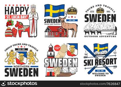 Sweden icons, travel, holiday and Swedish culture, vector Stockholm landmarks and horse symbol. Welcome to Sweden flag, ski resort and Christmas St Lucia day celebration, city sightseeing tours. Seden icons, travel holidays and Swedish culture