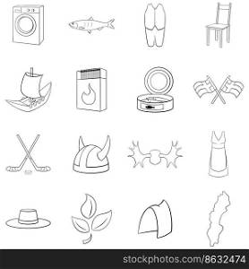 Sweden set icons in outline style isolated on white background. Sweden icon set outline