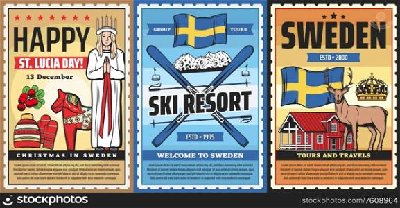 Sweden travel agency vector retro posters, Scandinavian tourism, culture and national traditions. Welcome to Sweden, ski resort and Christmas St Lucia day celebration, and Stockholm city tours. Welcome to Sweden, Swedish culture and travel