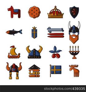 Sweden travel icons set. Cartoon illustration of 16 sweden travel vector icons for web. Sweden travel icons set, cartoon style