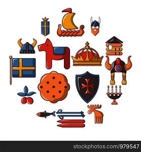 Sweden travel icons set. Cartoon illustration of 16 sweden travel vector icons for web. Sweden travel icons set, cartoon style