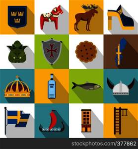 Sweden travel icons set. Flat illustration of 16 sweden travel vector icons for web. Sweden travel icons set, flat style