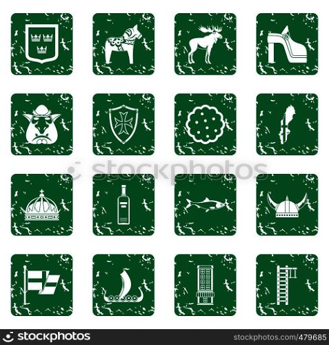 Sweden travel icons set in grunge style green isolated vector illustration. Sweden travel icons set grunge