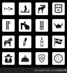 Sweden travel icons set in white squares on black background simple style vector illustration. Sweden travel icons set squares vector