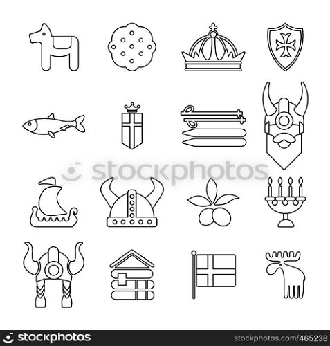 Sweden travel icons set. Outline illustration of 16 sweden travel vector icons for web. Sweden travel icons set, outline style