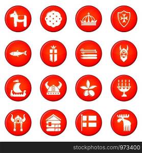 Sweden travel icons set vector red circle isolated on white background . Sweden travel icons set red vector