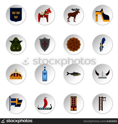 Sweden travel set icons in flat style isolated on white background. Sweden travel set flat icons