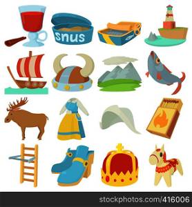 Sweden travel symbols icons set. Cartoon illustration of 16 Sweden travel symbols vector icons for web. Sweden travel symbols icons set, cartoon style