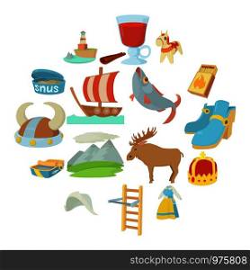 Sweden travel symbols icons set. Cartoon illustration of 16 Sweden travel symbols vector icons for web. Sweden travel symbols icons set, cartoon style