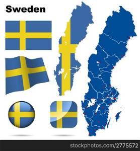 Sweden vector set. Detailed country shape with region borders, flags and icons isolated on white background.