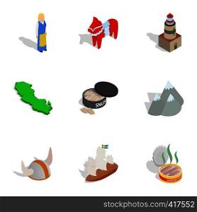 Swedish cultural elements icons set. Isometric 3d illustration of 9 vector icons for web. Swedish cultural elements icons set