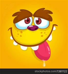 Sweet and cute cartoon monster face with big eyes showing tongue. Vector Halloween green monster