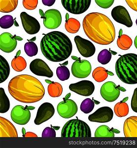 Sweet and fresh fruits background with seamless pattern of green apple, watermelon and avocado, juicy plum and peach, fragrant melon fruits. Healthy vegetarian dessert design. Organic fresh fruits seamless pattern