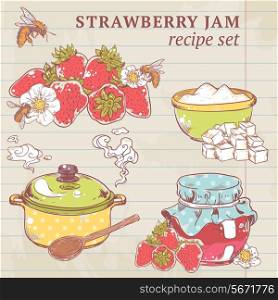 Sweet and healthy homemade strawberry jam ingredients on lined paper vector illustration