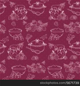 Sweet and healthy homemade strawberry jam outline seamless pattern with berries and sugar vector illustration