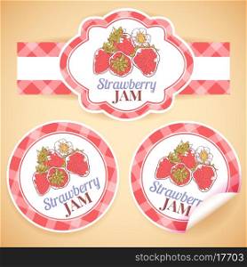 Sweet and healthy homemade strawberry jam paper label set isolated vector illustration