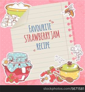 Sweet and healthy homemade strawberry jam recipe on lined paper poster vector illustration