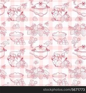 Sweet and healthy homemade strawberry jam seamless pattern on squared textile background vector illustration