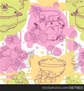 Sweet and healthy homemade strawberry jam seamless pattern vector illustration