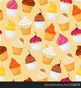 Sweet and tasty food dessert cupcake seamless pattern vector illustration