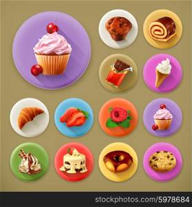 Sweet and tasty, long shadow icon set