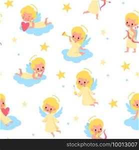 Sweet angels seamless pattern. Babies with wings pastel colors, children on clouds, little blond angelic boys and girls, long clothes. Decor textile, wrapping paper wallpaper vector print or fabric. Sweet angels seamless pattern. Babies with wings pastel colors, children on clouds, little blond angelic boys and girls. Decor textile, wrapping paper wallpaper vector print or fabric