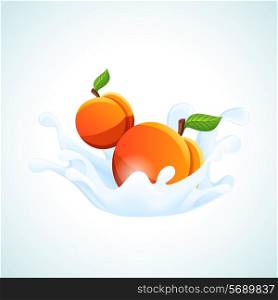 Sweet apricot fruits falling in white milk or cream splash yoghurt concept vector illustration