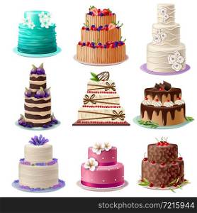 Sweet baked cakes set with colorful different decorated confectioneries and desserts isolated vector illustration. Sweet Baked Cakes Set