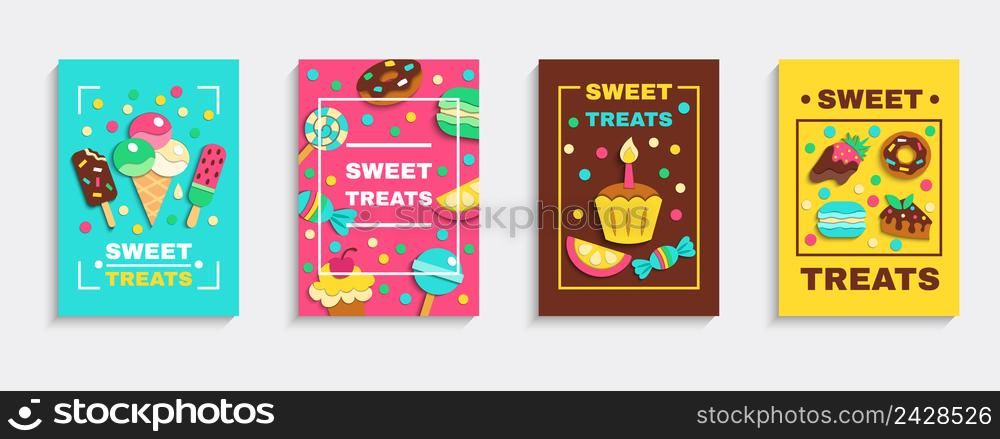 Sweet baked desserts ice cream candies party treats 4 colorful confectionery advertisement posters set isolated vector illustration. Sweet Party Treats Posters Set