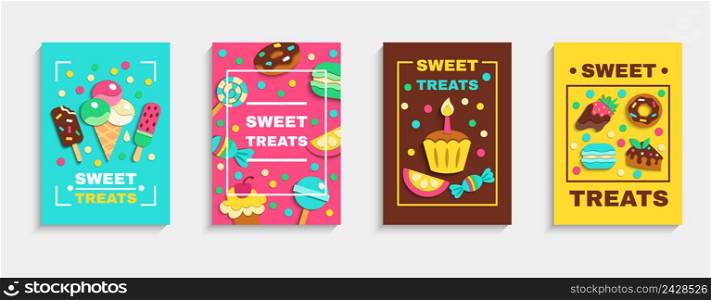 Sweet baked desserts ice cream candies party treats 4 colorful confectionery advertisement posters set isolated vector illustration. Sweet Party Treats Posters Set