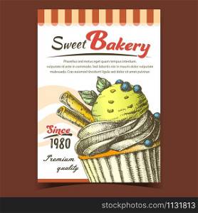 Sweet Bakery And Ice Cream Cake Banner Vector. Cold Cake With Blackberry And Chocolate Crumbs, Wafer Rolls And Mint Leaves Concept. Design Gastronomy Product Template Colored Illustration. Sweet Bakery And Ice Cream Cake Banner Vector