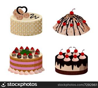 Sweet bakery collection, poster with cakes made of cream and biscuit, berries and chocolate, strawberries and blueberries, isolated on vector illustration. Sweet Bakery Collection Poster Vector Illustration