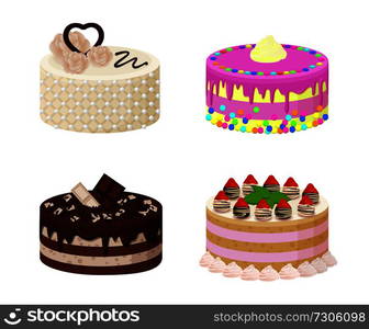 Sweet bakery collection, poster with cakes made of cream and biscuit, berries and chocolate, strawberries and blueberries, isolated on vector illustration. Sweet Bakery Collection Poster Vector Illustration