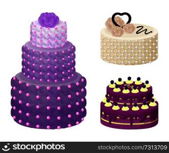 Sweet bakery collection, poster with cakes made of cream and biscuit, berries and chocolate, strawberries and blueberries, isolated on vector illustration. Sweet Bakery Collection Poster Vector Illustration