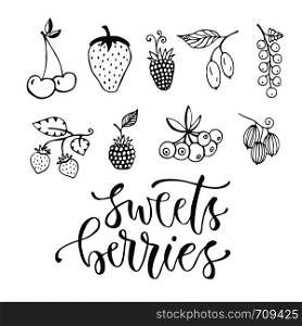 Sweet berries hand drawn illustration. Vector isolated berry set on white background.. Sweet berries hand drawn illustration. Vector isolated berry set on white background