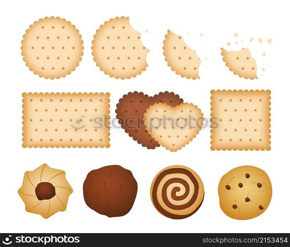Sweet biscuits. Bitten chip biscuit cookie, crackers. Isolated chocolate vanilla cookies and bakery vector set. Illustration of sweet cookie, food tasty chocolate snack. Sweet biscuits. Bitten chip biscuit cookie, crackers. Isolated chocolate vanilla cookies and bakery vector set