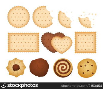 Sweet biscuits. Bitten chip biscuit cookie, crackers. Isolated chocolate vanilla cookies and bakery vector set. Illustration of sweet cookie, food tasty chocolate snack. Sweet biscuits. Bitten chip biscuit cookie, crackers. Isolated chocolate vanilla cookies and bakery vector set