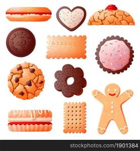 Sweet biscuits. Ginger man bakery, baking choco cookies. Delicious dessert with chocolate chips, isolated glazed baked swanky vector set. Illustration bakery and gingerbread, sweet food. Sweet biscuits. Ginger man bakery, baking choco cookies. Delicious dessert with chocolate chips, isolated glazed baked swanky vector set