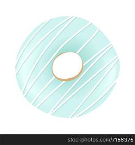 Sweet blue donut with striped icing and sprinkles isolated on white background. Vector illustration. Culinary, pastry, cake, cookie. For decoration. For blog, web, print, label, tag. Sweet blue donut with striped icing and sprinkles isolated on white background. Vector illustration.