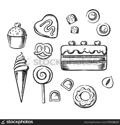 Sweet cake and cupcake with cream, ice cream cone, glazed doughnut, chocolate candies with hazelnuts and fondant, cookies, lollipop and pretzel. Sketch icons for pastry and confectionery design. Sweet delicious pastry, bakery and dessert sketch