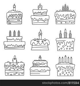 Sweet cake birthday icon set. Outline set of sweet cake birthday vector icons for web design isolated on white background. Sweet cake birthday icon set, outline style