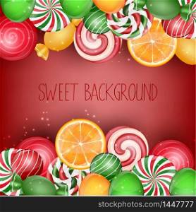 Sweet candies background with orange slice.Vector