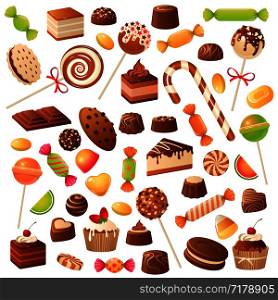 Sweet candies. Candy bonbon lollipop, marmalade and fruit candied. Chocolate and marshmallow, kids holiday desserts flat vector sweetly flavors isolated set. Sweet candies. Candy bonbon lollipop, marmalade and fruit candied. Chocolate and marshmallow, kids holiday desserts flat vector set
