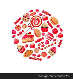 Sweet candy. Chocolate bars, lollipop bonbon and marmalade candied fruit, caramel candies kids desserts. Flat vector colorful cute swirl sugar circle toffee jelly design. Sweet candy. Chocolate bars, lollipop bonbon and marmalade candied fruit, caramel candies kids desserts. Flat vector colorful design