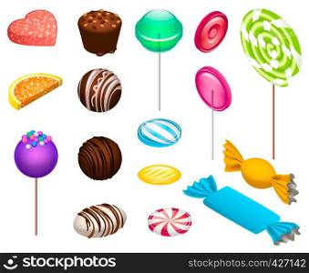 Sweet candy icon set. Isometric set of sweet candy vector icons for web design isolated on white background. Sweet candy icon set, isometric style